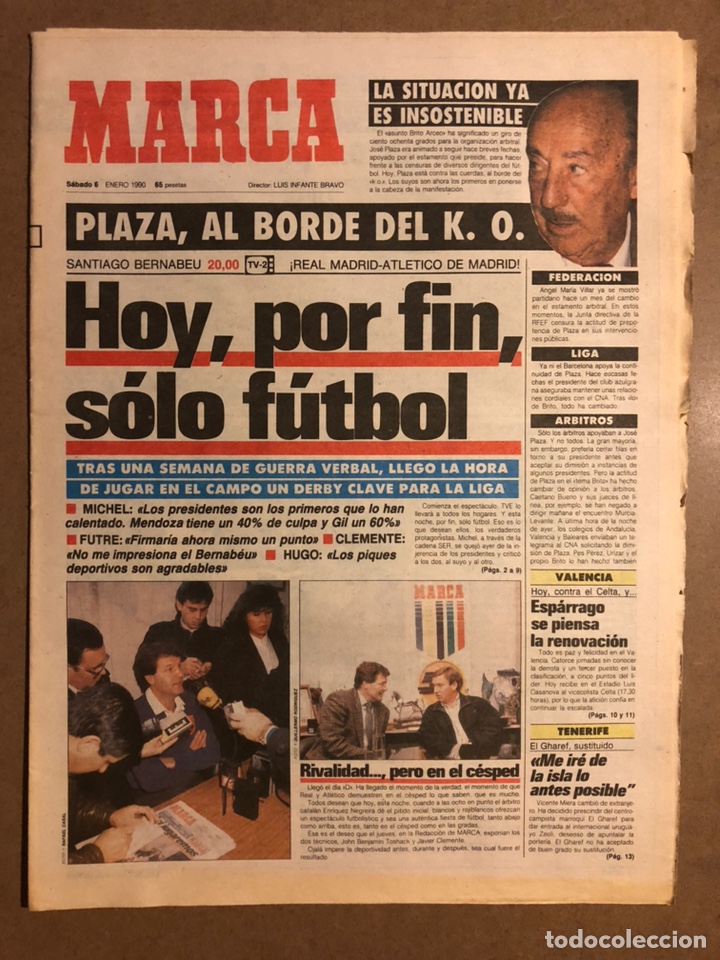 Collectionnisme sportif: MARCA (6 ENERO 1990). DERBY REAL MADRID - ATL&Eacute;TICO, TOSHACK Vs CLEMENTE, ESP&Aacute;RRAGO (VALENCIA),...