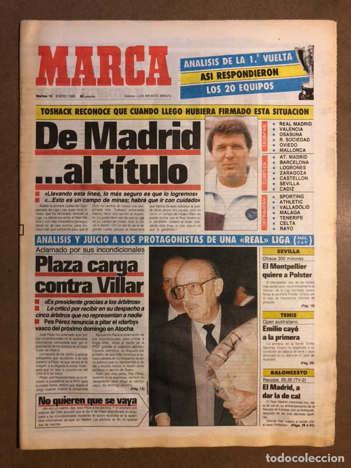 Collectionnisme sportif: MARCA (16 ENERO 1990). AN&Aacute;LISIS PRIMERA VUELTA LIGA, REAL MADRID, POLSTER (SEVILLA), PORTA Vs VILLAR