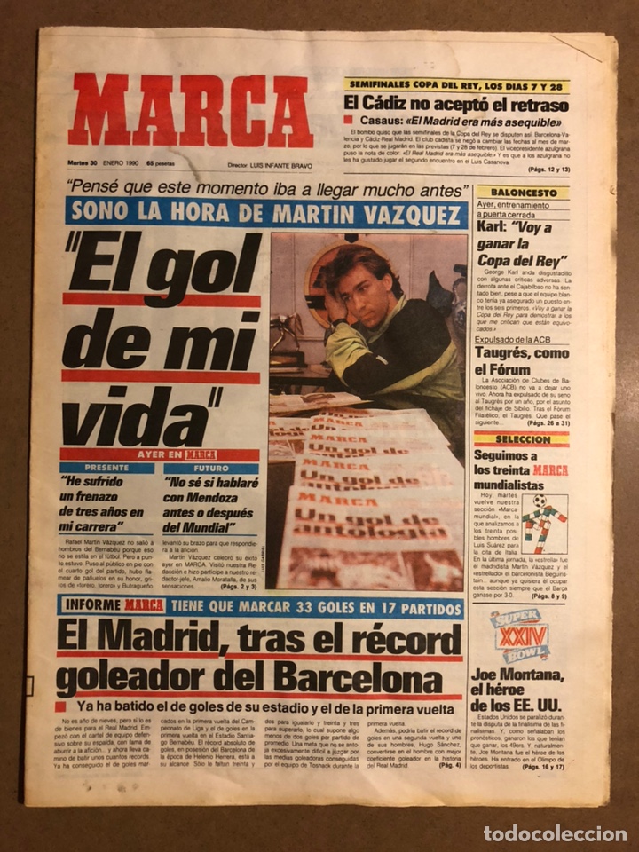 Collectionnisme sportif: MARCA (30 ENERO 1990). RAFA MART&Iacute;N V&Aacute;ZQUEZ, REAL MADRID, C&Aacute;DIZ, GEORGE KARL, TAUGRES, JOE MONTANA