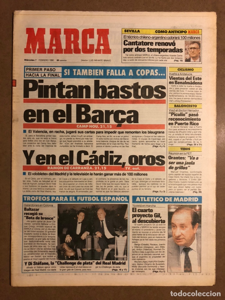Collectionnisme sportif: MARCA (7 FEBRERO 1990). CRISIS EN BAR&Ccedil;A, C&Aacute;DIZ - REAL MADRID, 4&ordm; PROYECTO GIL AL DESCUBIERTO, BALTAZ