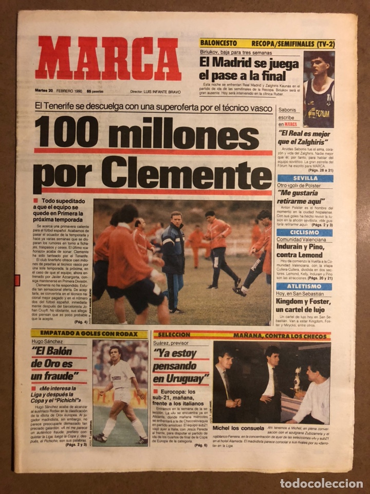 Collectionnisme sportif: MARCA (20 FEBRERO 1990). CLEMENTE 100 MILLONES TENERIFE, HUGO S&Aacute;NCHEZ, SELECCI&Oacute;N ESPA&Ntilde;OLA,...