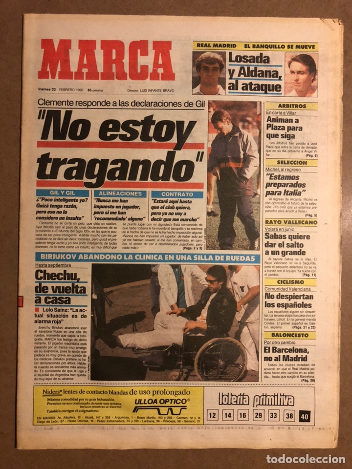 Collectionnisme sportif: MARCA (23 FEBRERO 1990). CLEMENTE Vs JES&Uacute;S GIL, BIRIUKOV LESIONADO, LOSADA Y ALDANA, SANONIS,...