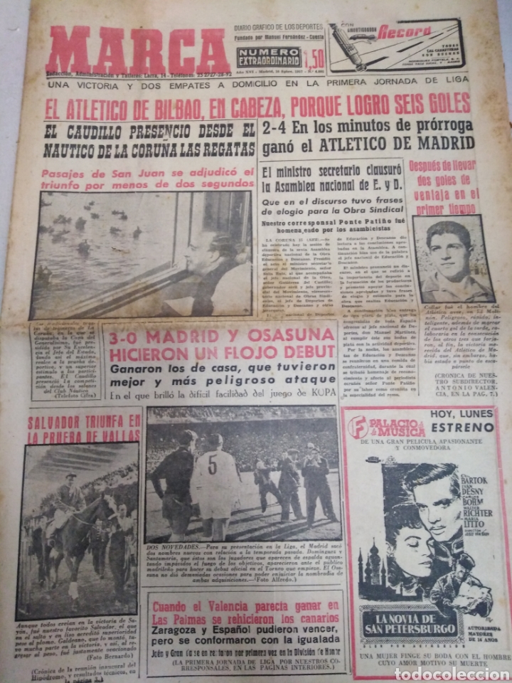 Collectionnisme sportif: MARCA-16/9/57-N 4885,EL AT DE BILBAO, EN CABEZA, POR QUE LOGR&Oacute; 6 GOLES