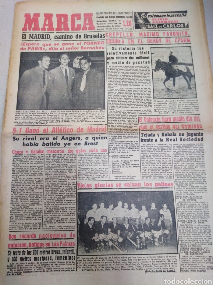 Collectionnisme sportif: MARCA-6/6/57-N 4797,VICTORIA EN EUROPA DEL AT. DE MADRID CONTRA EL BREST FRANC&Eacute;S 5-1