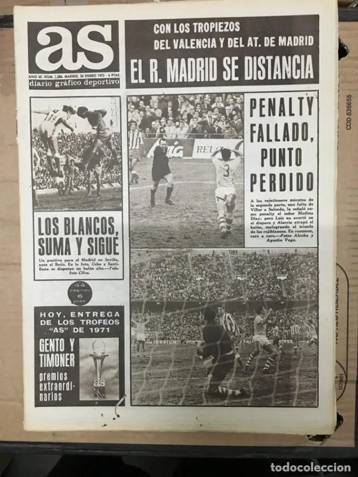 PERIODICO AS (24-1-1972) REAL MADRID VALENCIA ATLETICO MADRID TROFEOS AS CELTA VIGO BETIS