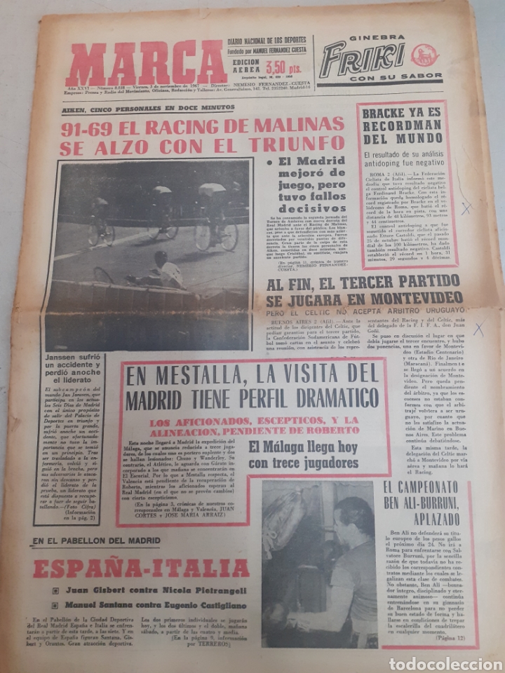 Collectionnisme sportif: MARCA-3/11/67,MESTALLA,LA VISITA DEL MADRID TIENE PERFIL DRAMATICO,REPORTAJE TRASERO RACING AVELLANE