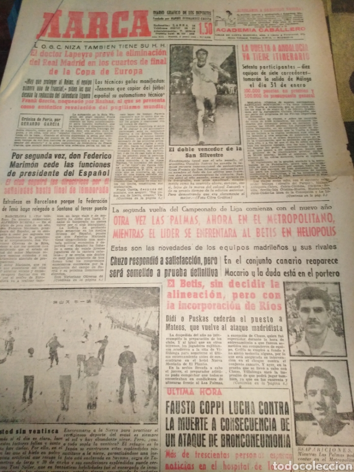 Collectionnisme sportif: MARCA-2/1/60,EL DOCTOR LAPEYRE PREV&Eacute; LA ELIMINACI&Oacute;N DEL MADRID EN LOS 4/FINAL DE COPA EUROPA, BETIS-