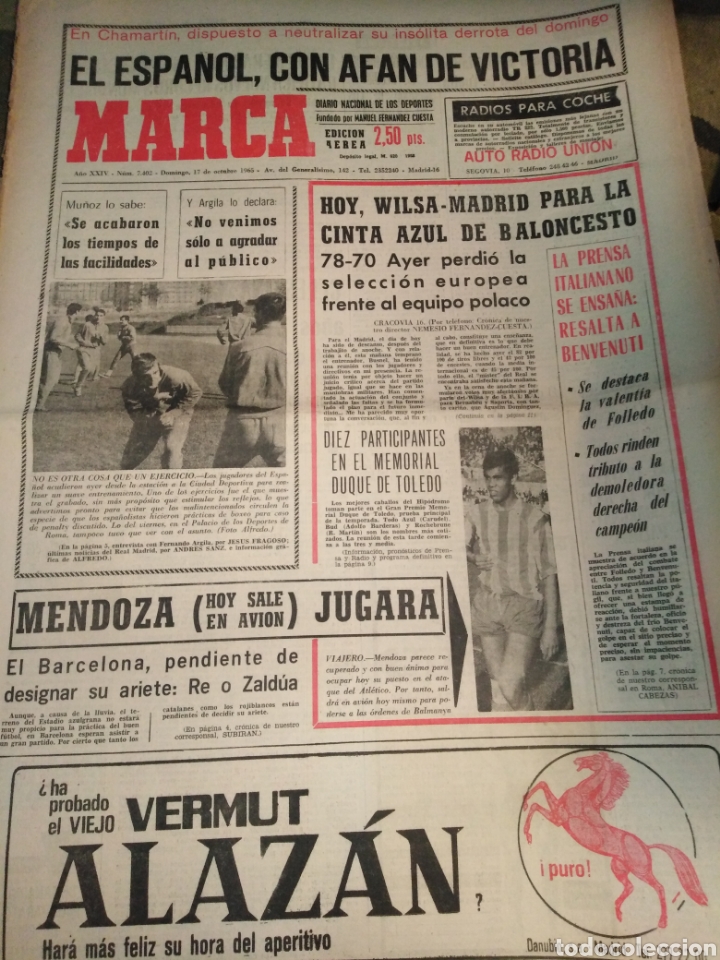 Collectionnisme sportif: MARCA-17/10/65,CHAMARTIN EL ESPA&Ntilde;OL CON AF&Aacute;N DE VICTORIA,BASQUET WILSA-MADRID 78-70,REPORTAGE PORTAD