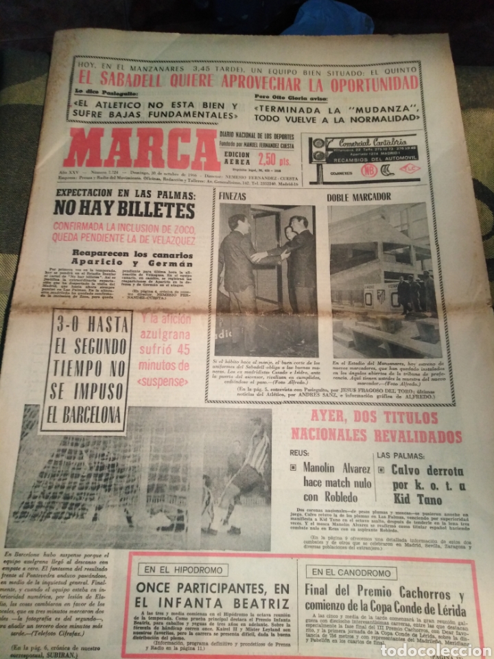 Sports collectibles: MARCA-30/10/66,EL SABADELL QUIERE APROVECHAR LA OPORTUNIDAD FRENTE AL ATLETICO,EXPECTACION EN PALMA