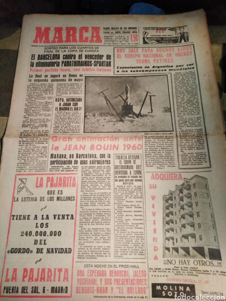 Sports collectibles: MARCA-7/12/60,COPA EUROPA EL BARCELONA CONTRA EL VENCEDOR DEL PANATHINAIKOS-SPARTK,