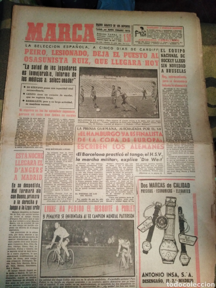Sports collectibles: MARCA-15/4/61,L SELECCI&Oacute;N ESPA&Ntilde;OLA A 5 D&Iacute;AS DE CARDIFF,EL HAMBURGO YA ES FINALISTA SEGUN LA PRENSA A