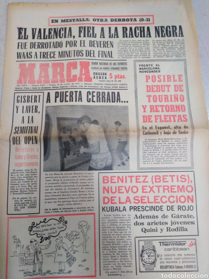 Sports collectibles: MARCA-23/10/70,EUROPA EL VALENCIA FIEL A LA RACHA NEGRA PIERDE 0-1 BEVEREN WAAS BELGA,REPORTAGE BOXE