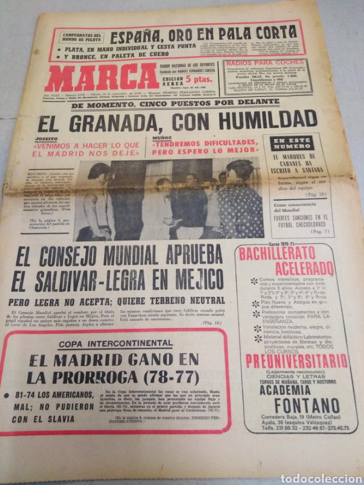 Sports collectibles: MARCA - 26/9/70,EL GRANADA CON HUMILDAD,BASQUET EL MADRID VENCE 78-77 AL CORINTHIANS,REPORTAGE REXAC