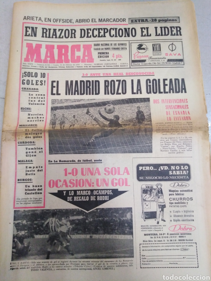 Sports collectibles: MARCA-16/2/70,EXTRA28PG,EL MADRID ROZ&Oacute; LA GOLEADA FRENTE 3-0 A LA REAL,EN RIAZOR DECEPCI&Oacute;N DEL LIDE