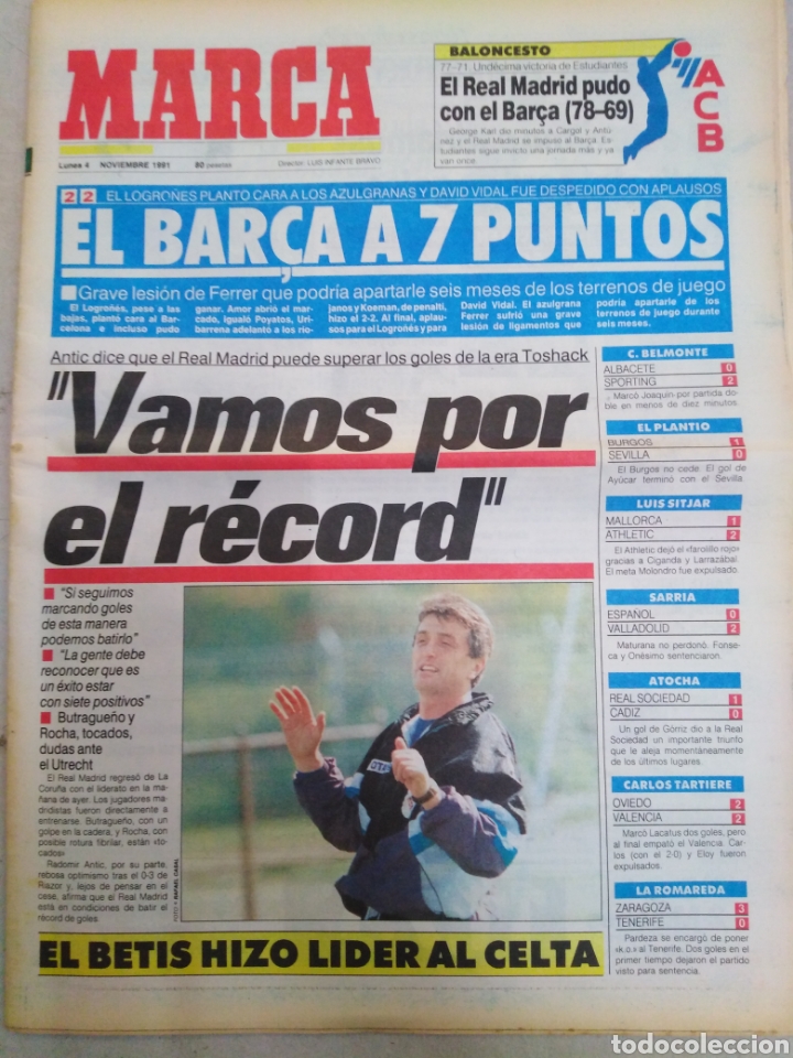Colecionismo desportivo: MARCA-4/11/91,EL LOGRO&Ntilde;ES PLANT&Oacute; CARA2-2 EL BARSA A 7 PUNTOS,ANTIC VAMOS A POR EL RECORD,OVIEDO-VALE