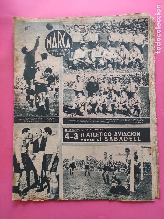 Collectionnisme sportif: PERIODICO MARCA 1943 LIGA 43/44 AT. AVIACION 4-3 SABADELL - GRANADA 2-2 MADRID - CASTILLA CATALU&Ntilde;A