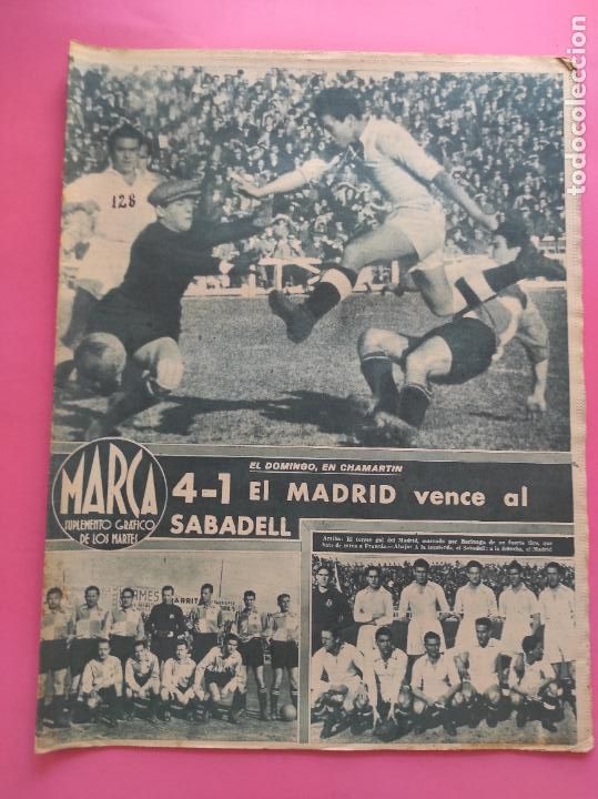 Collectionnisme sportif: PERIODICO MARCA 1944 LIGA 43/44 REAL MADRID 4-1 CE SABADELL - ESPANYOL 3-1 BAR&Ccedil;A - MURCIA XEREZ