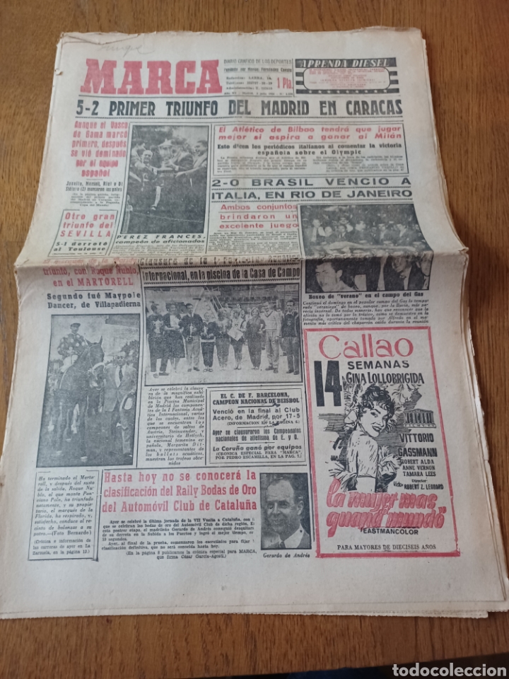 Sports collectibles: MARCA 2 JULIO 1956 .R.MADRID 5 VASCO DA GAMA 2 .TORNEO DE CARACAS.- TRIUNFO DEL SEVILLA EN TOULOUSE