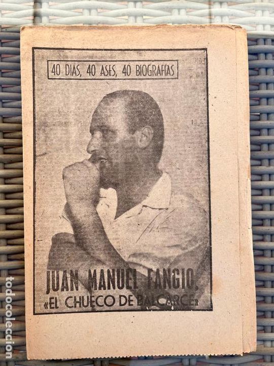 Coleccionismo deportivo: JOS&Eacute; MANUEL FANGIO, EL CHUECO DE BALCARCE. SERIE 40 D&Iacute;AS, 40 ASES, 40 BIOGRAF&Iacute;AS. MARCA AGOSTO 1963.