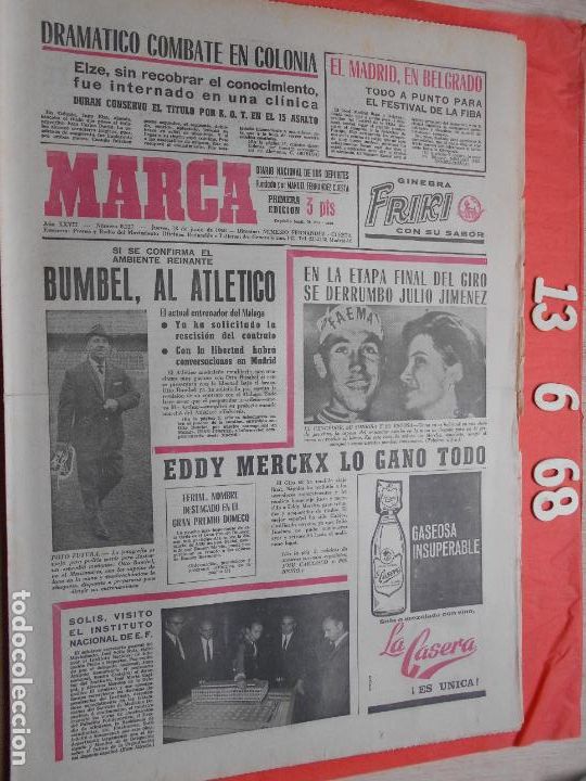 Coleccionismo deportivo: PERIODICO MARCA 13 DE JUNIO DE 1968 - Foto 1