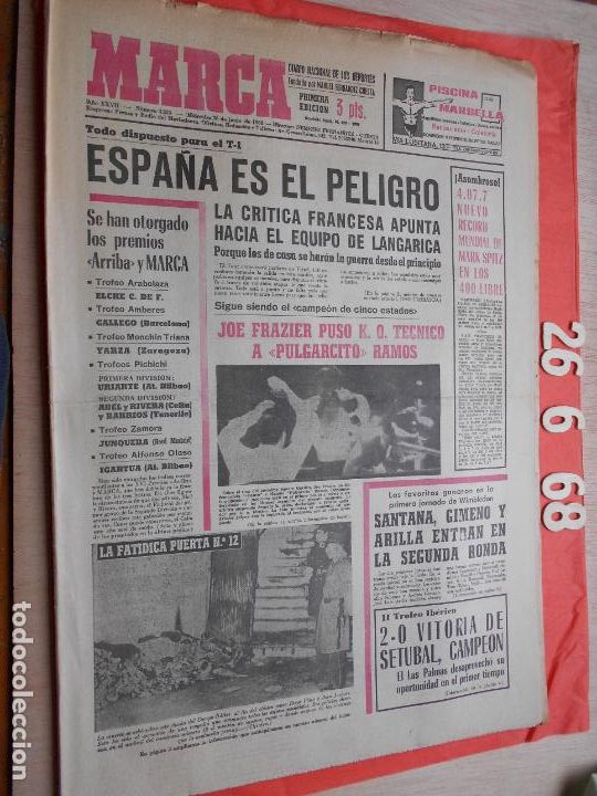 Coleccionismo deportivo: PERIODICO MARCA 26 DE JUNIO DE 1968 - Foto 1