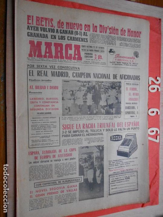 Coleccionismo deportivo: PERIODICO MARCA 26 DE JUNIO DE 1967 - Foto 1