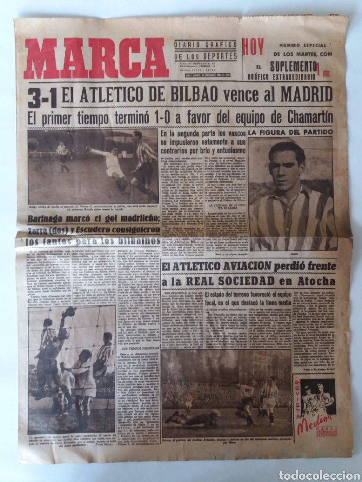 Sports collectibles: DIARIO MARCA. EL ATL&Eacute;TICO DE BILBAO VENCE AL REAL MADRID. 14 DE DICIEMBRE DE 1943