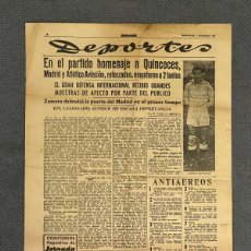 Coleccionismo deportivo: FÚTBOL EN EL PARTIDO HOMENAJE A QUINCOCES, MADRID Y ATLÉTICO AVIACIÓN, EMPATARON A 2 TANTOS (A.1942)