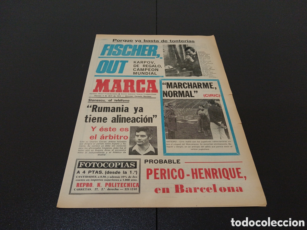 Colecionismo desportivo: MARCA 04/04/1975 KARPOV CAMPE&Oacute;N MUNDIAL FISCHER OUT