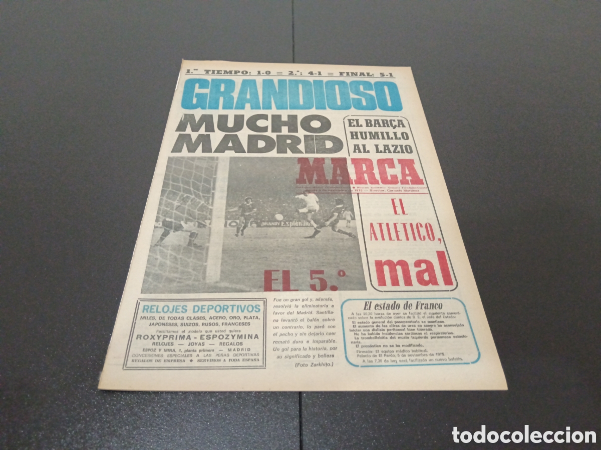 Collectionnisme sportif: MARCA 06/11/1975 COPA EUROPA R MADRID 5 DERBY COUNTY 1 EINTRACHT 1 ATL&Eacute;TICO 0 BARCELONA 4 LAZIO 0