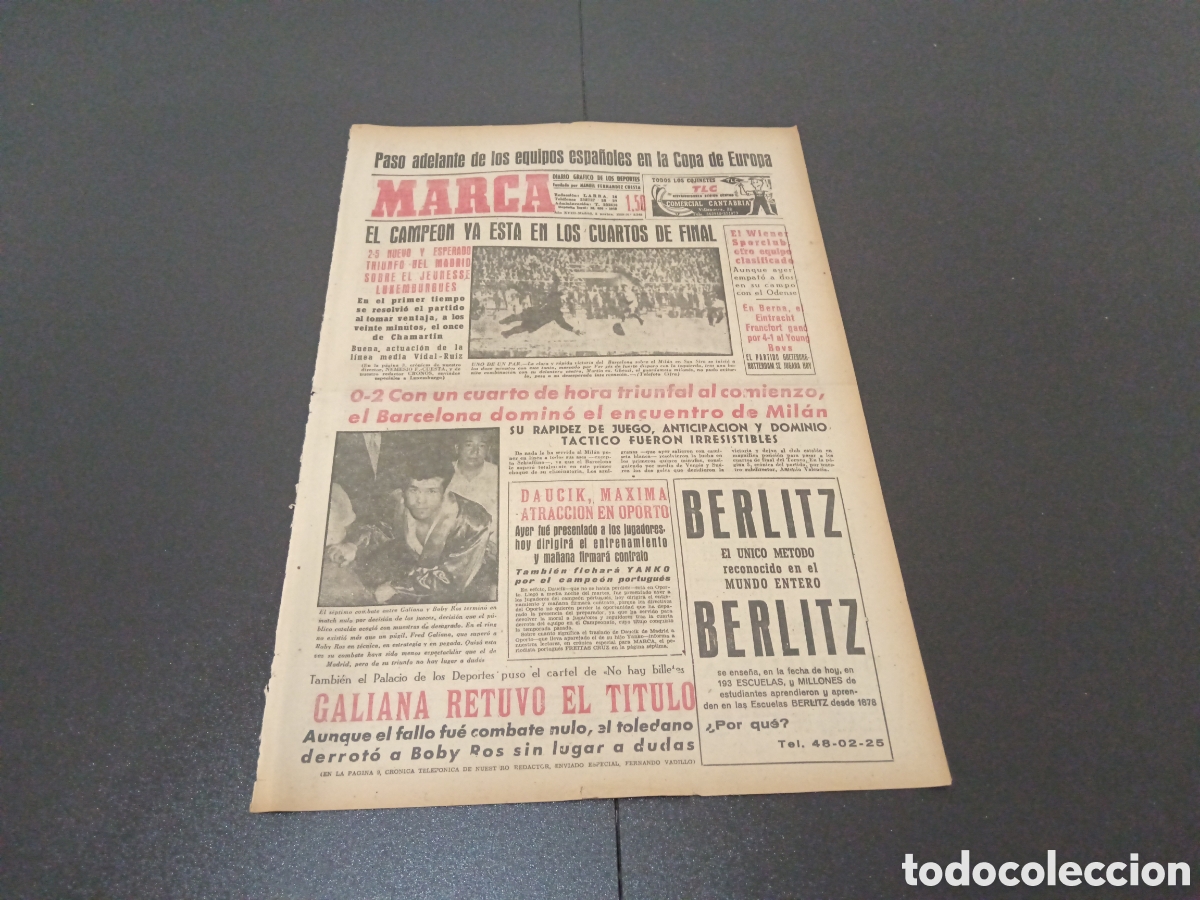 Collezionismo sportivo: MARCA 05 DE NOVIEMBRE 1959 COPA EUROPA JENEUSSE 0 REAL MADRID 5 MIL&Aacute;N 0 BARCELONA 2