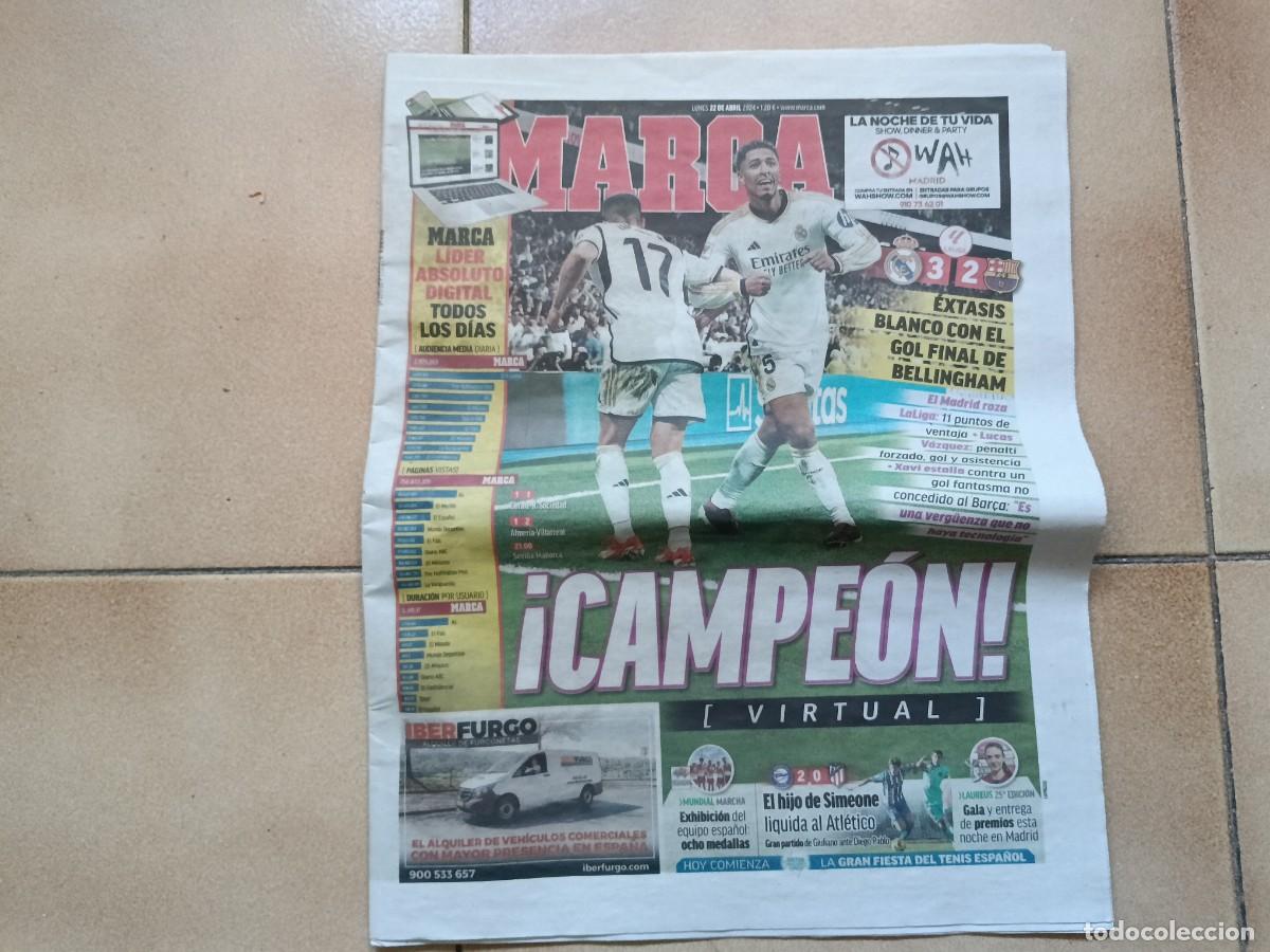 Sports collectibles: Peri&oacute;dico deportivo Marca. Real Madrid 3 FC Barcelona 2. Cl&aacute;sico. Abril 2024. Campe&oacute;n virtual