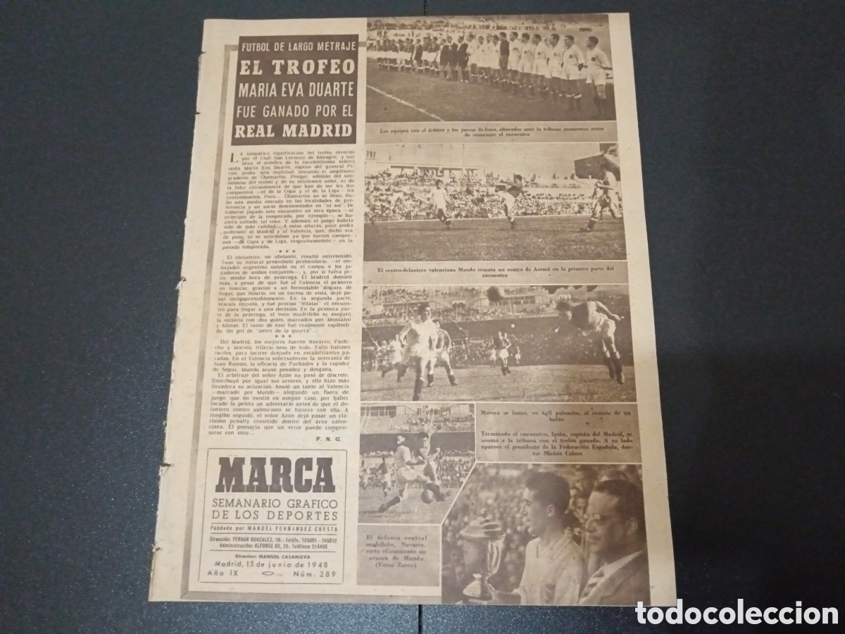 Sports collectibles: MARCA N&deg; 289 (15/06/1948) Real Madrid campe&oacute;n Eva Duarte Sevilla finalista copa