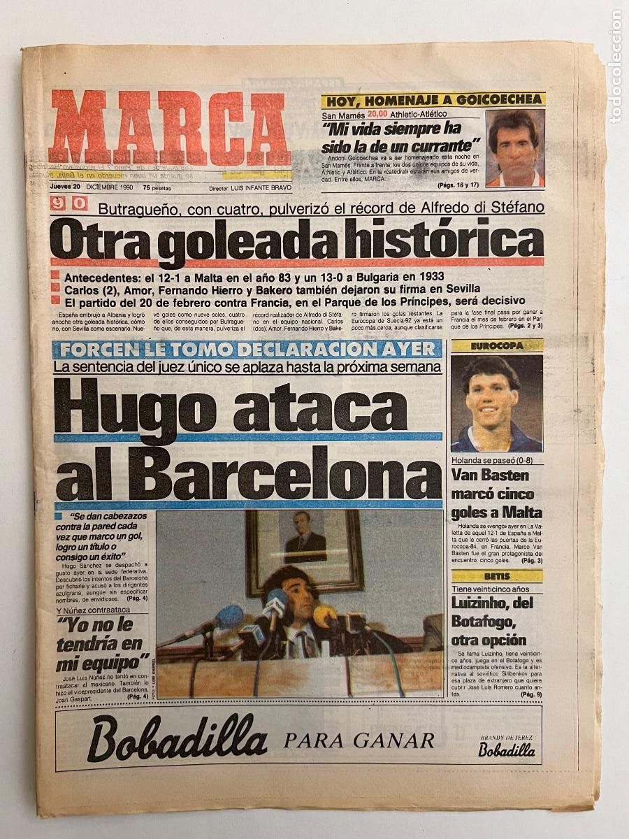 Sammelleidenschaft Sport: PERI&Oacute;DICO DIARIO DEPORTIVO MARCA Jueves 20 Diciembre 1990 * HUGO ATACA AL BARCELONA *
