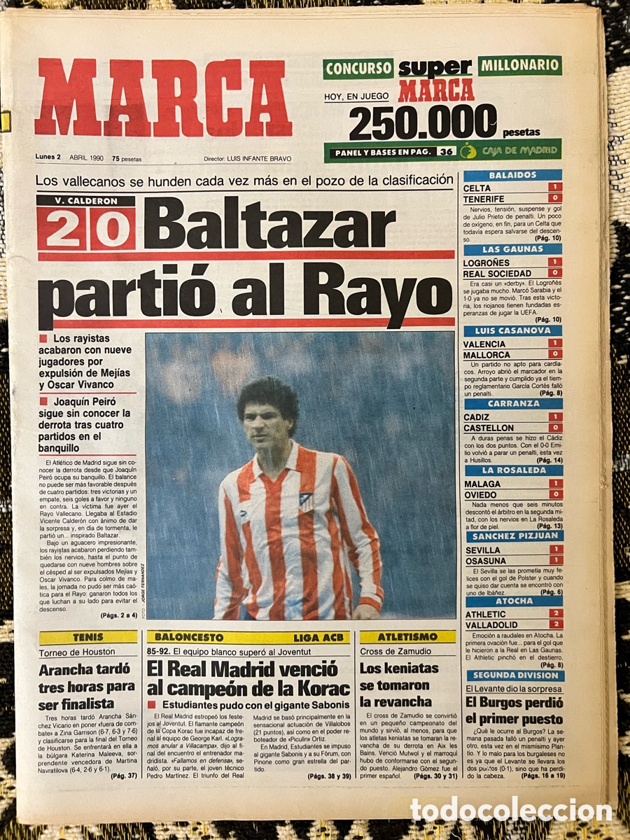 Sammelleidenschaft Sport: PERI&Oacute;DICO DIARIO DEPORTIVO MARCA Lunes 2 Abril 1990 * Baltazar Partio al rayo *