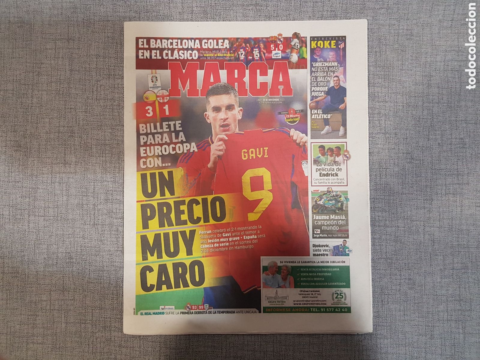 Sports collectibles: MARCA LUNES 20 NOVIEMBRE 2023 DJOKOVIC EUROCOPA GAVI KOKE MASI&Aacute; REAL MADRID UNICAJA BASKET