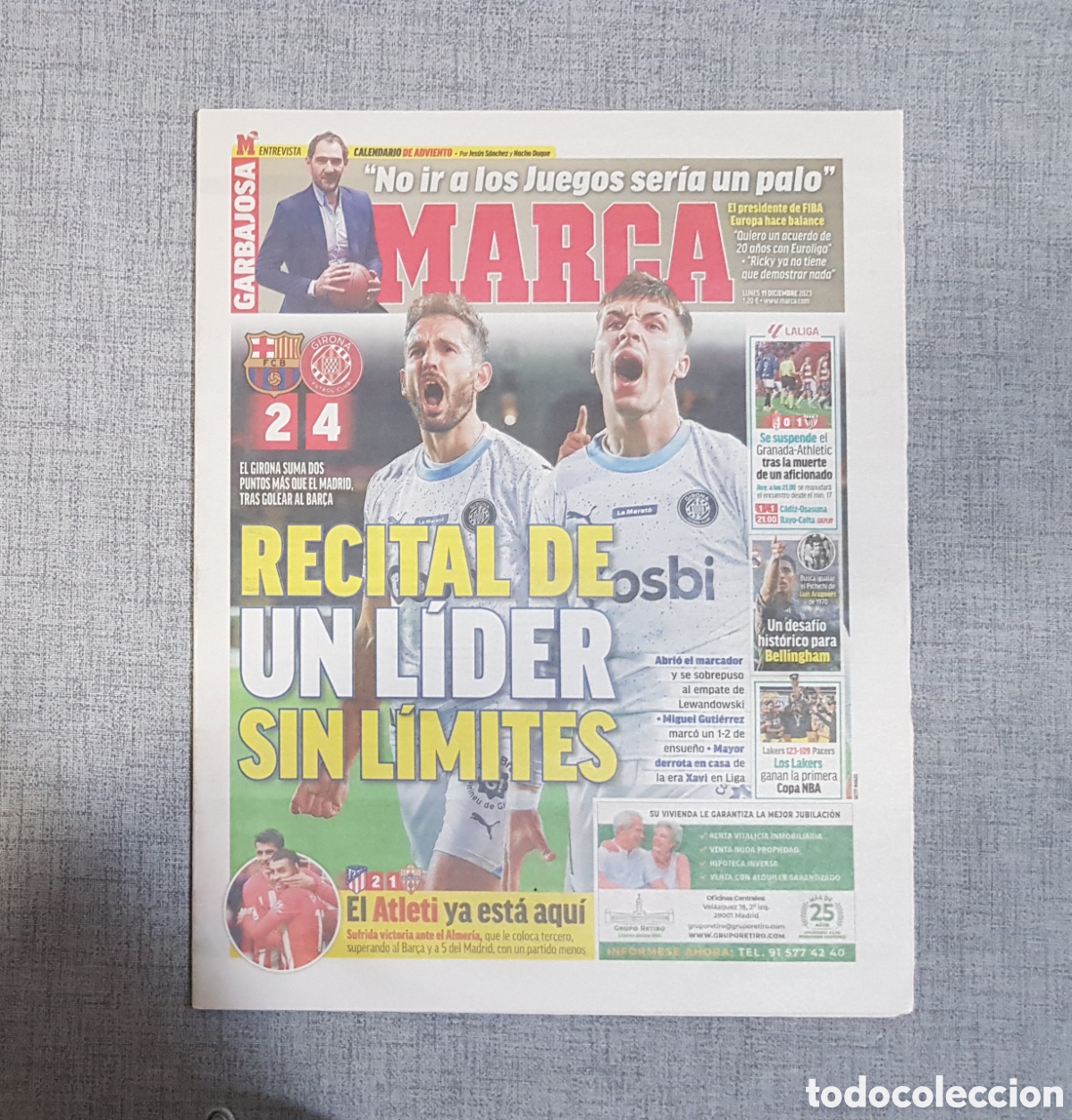 Sports collectibles: MARCA LUNES 11 DICIEMBRE 2023 GARBAJOSA COPA NBA BASKET LAKERS BAR&Ccedil;A GIRONA ATLETI