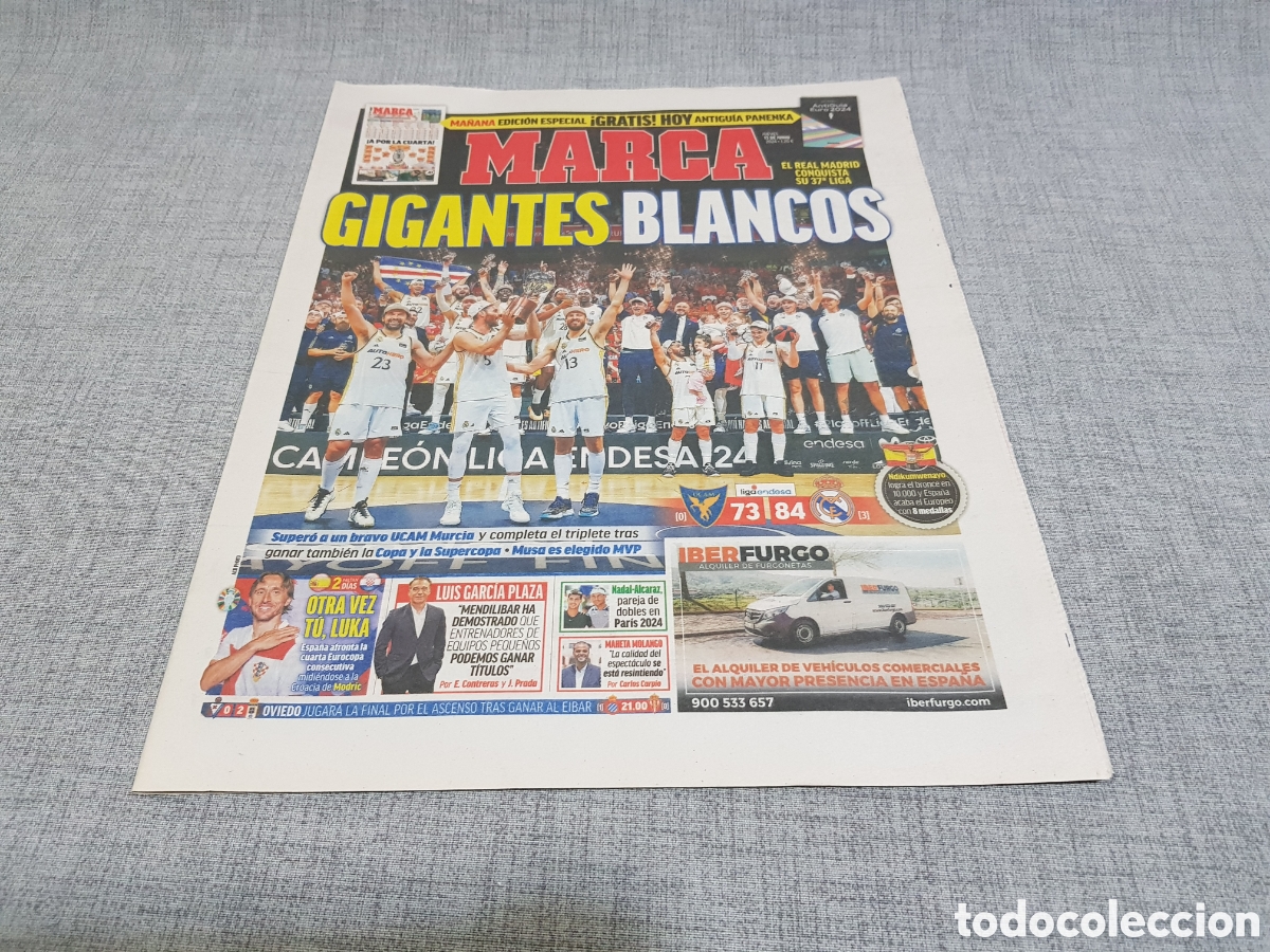 Sports collectibles: MARCA JUEVES 13 JUNIO 2024 BASKET REAL MADRID CAMPEONES 37.&ordf; LIGA