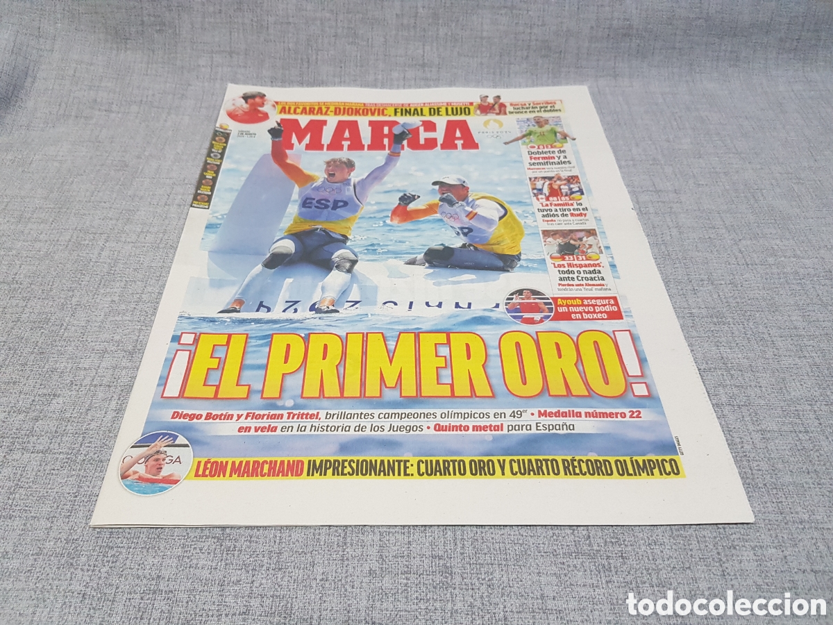 Sammelleidenschaft Sport: MARCA S&Aacute;BADO 3 AGOSTO 2024 VELA ORO DIEGO BOT&Iacute;N FLORIAN TRITTEL ALCARAZ LE&Oacute;N MARCHAND AYOUB