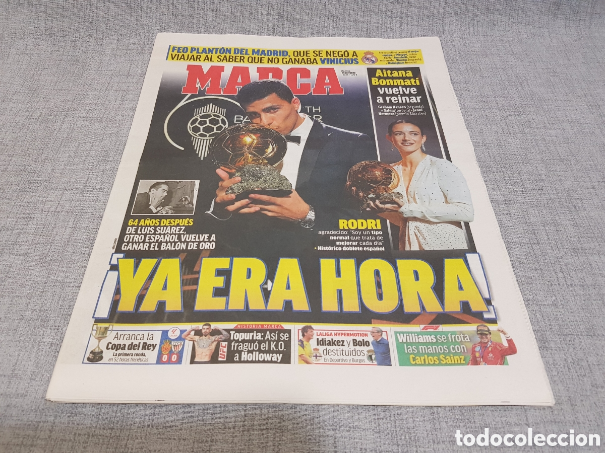 Collezionismo sportivo: MARCA MARTES 29 OCTUBRE 2024 RODRI Y AITANA BONMAT&Iacute; BAL&Oacute;N ORO TOPURIA