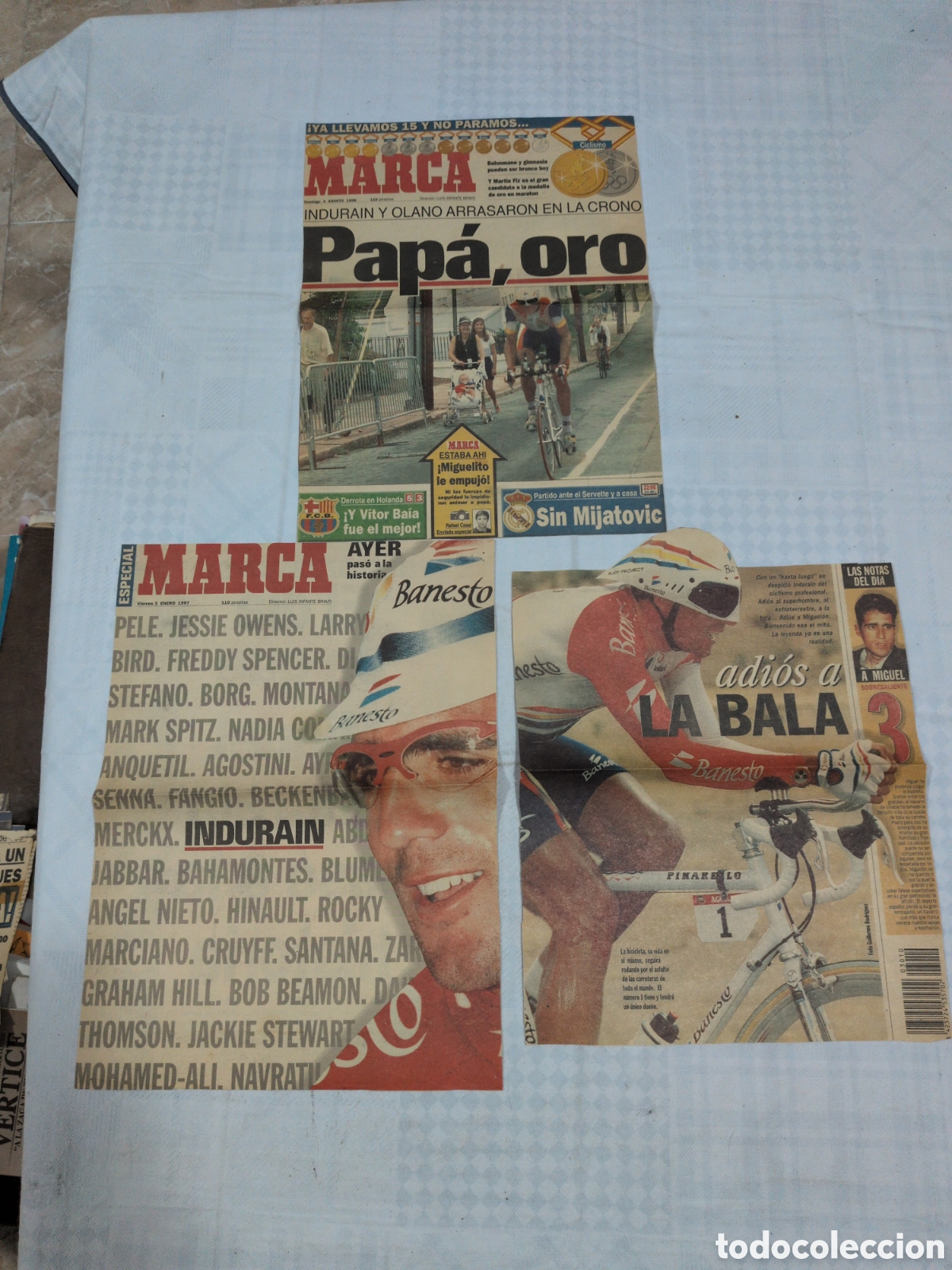 Coleccionismo deportivo: Recortes de portadas Marca Miguel Indurain. Oro en Atlanta 96 y Su retirada.
