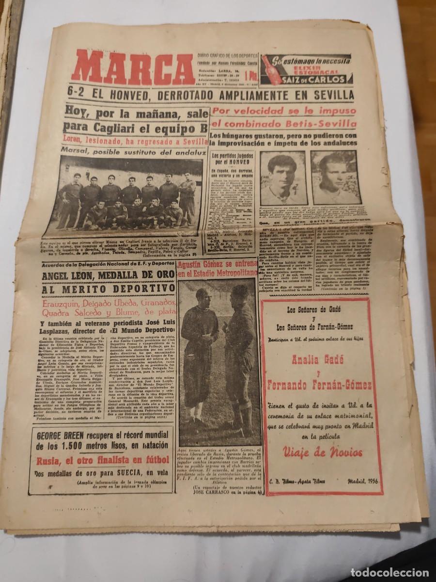 Coleccionismo deportivo: Marca diario gr&aacute;fico de los deportes. 6 diciembre 1956. El Honved derrotado ampliamente en Sevilla