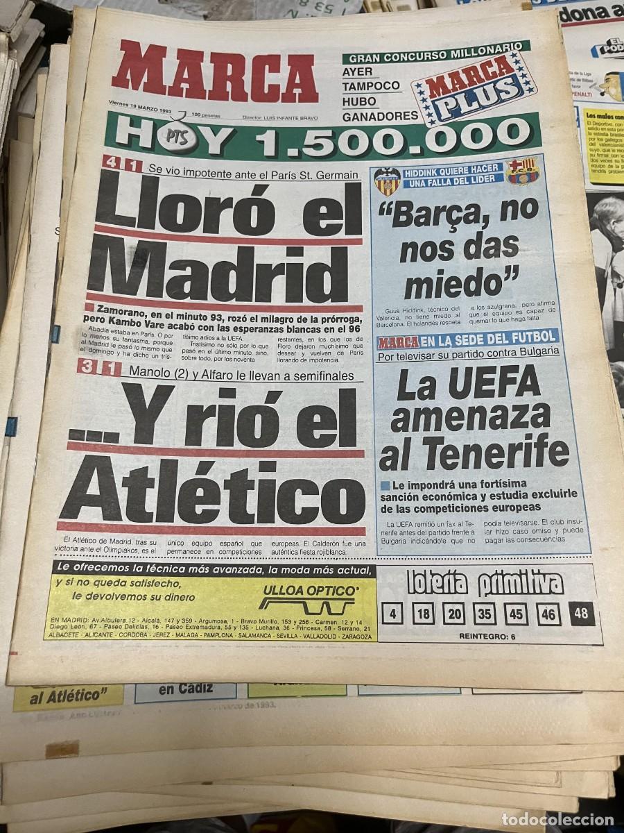 Coleccionismo deportivo: MARCA (19-3-1993) PSG 4-1 REAL MADRID ATLETICO MADRID 3-1 OLYMPIACOS UEFA TENERIFE
