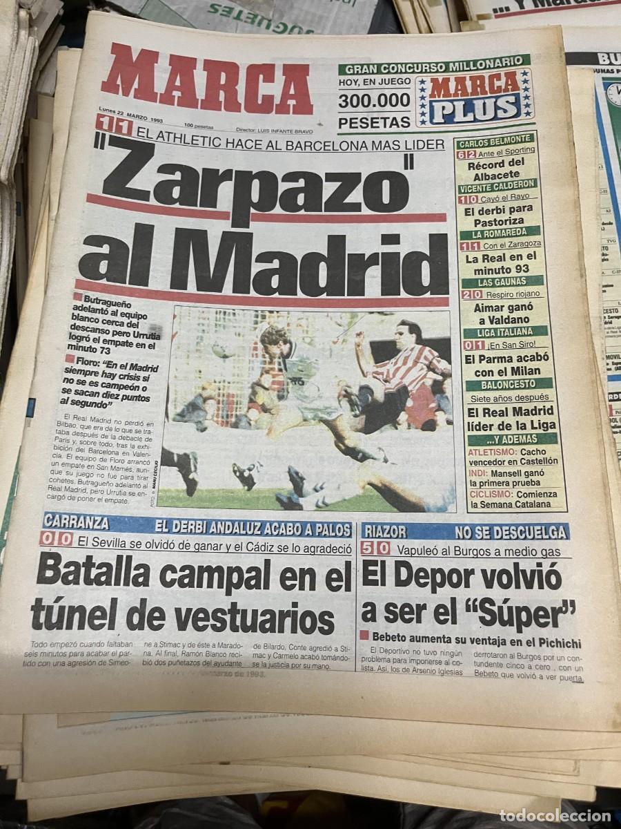 Coleccionismo deportivo: MARCA (22-3-1993) ATHLETIC BILBAO 1-1 REAL MADRID JORNADA LIGA DEPORTIVO CORU&Ntilde;A 5-0 BURGOS