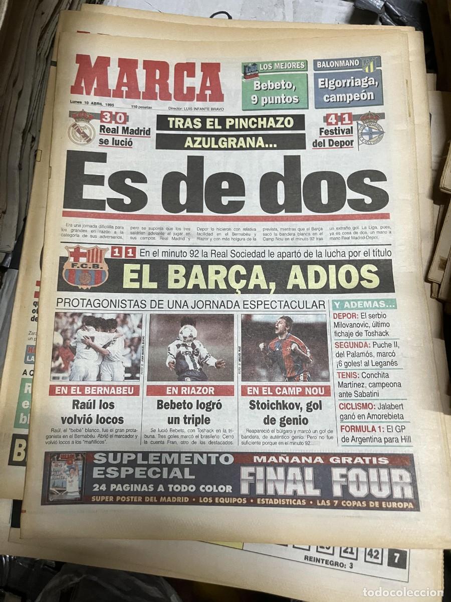 Coleccionismo deportivo: MARCA (10-4-1995) JORNADA LIGA HAT TRICK BEBETO DEPORTIVO CORU&Ntilde;A 4-1 TENERIFE BARCELONA REAL MADRID