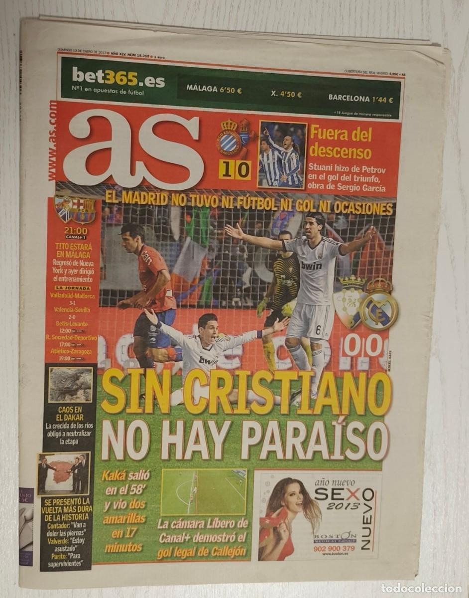 Coleccionismo deportivo: DIARIO AS N&ordm; 15255 (13 ENERO 2013) &middot; OSASUNA / REAL MADRID: 0-0 &middot; RCD ESPANYOL / CELTA DE VIGO: 1-0
