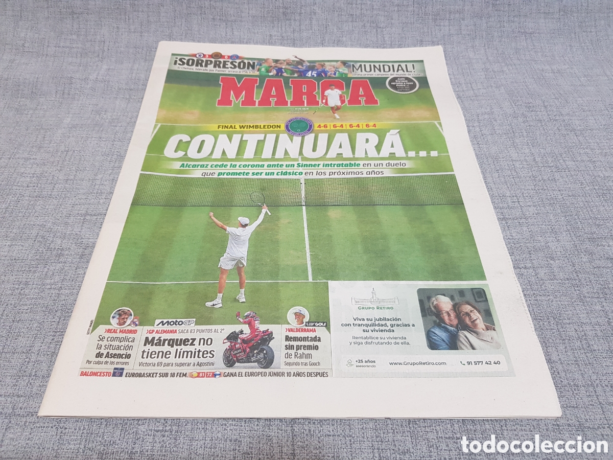 Coleccionismo deportivo: MARCA LUNES 14 JULIO 2025 WIMBLEDON ALCARAZ SINNER MOTO GP M&Aacute;RQUEZ GOLF JON RAHM