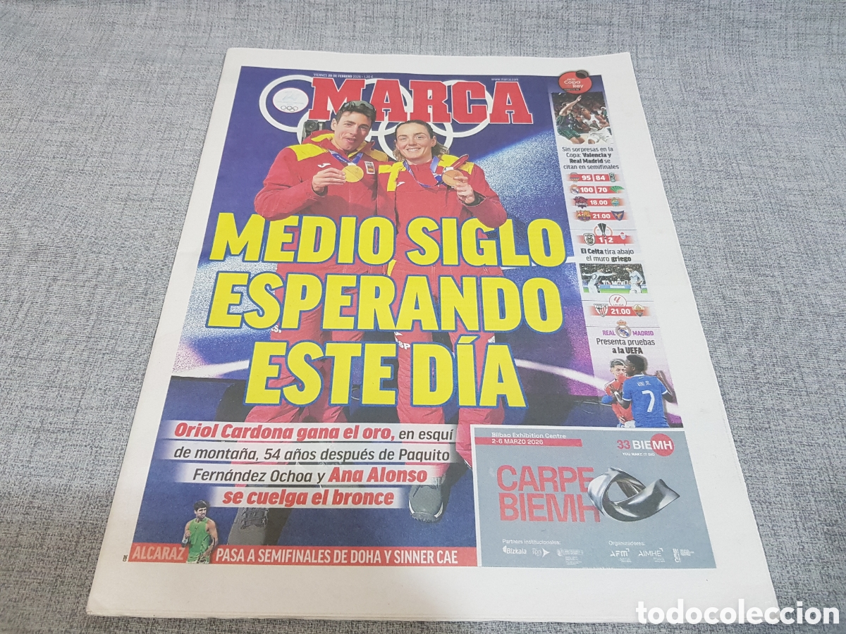 Coleccionismo deportivo: MARCA VIERNES 20 FEBRERO 2026 ESQU&Iacute; MONTA&Ntilde;A ORIOL CARDONA Y ANA ALONSO. TENIS ALCARAZ A SEMIFINALES