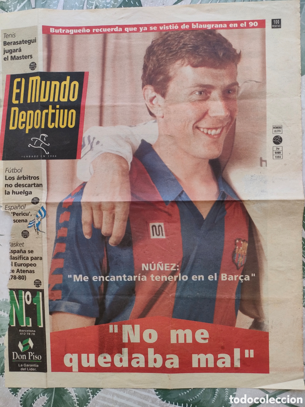 Colecionismo desportivo: Portada Peri&oacute;dico El Mundo Deportivo con Butrague&ntilde;o del Bar&ccedil;a