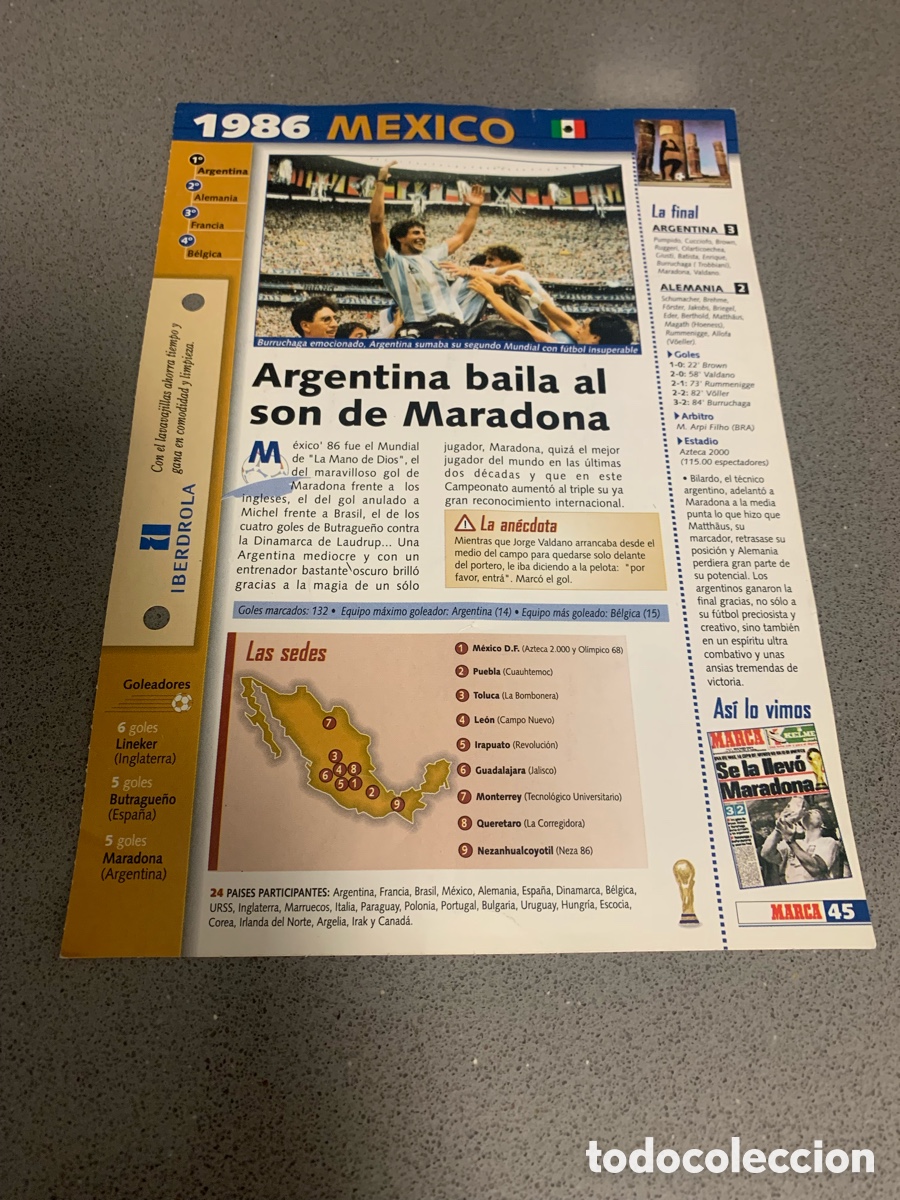 Coleccionismo deportivo: Ficha coleccionable Mundiales de F&uacute;tbol. Diario MARCA.